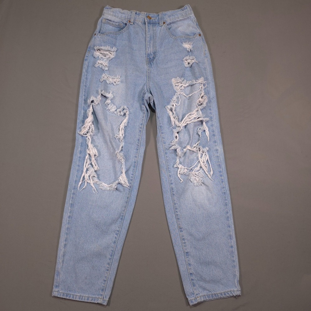 Wax Jean Collection Womens M Light Wash Distressed High Rise Mom Jeans 90279